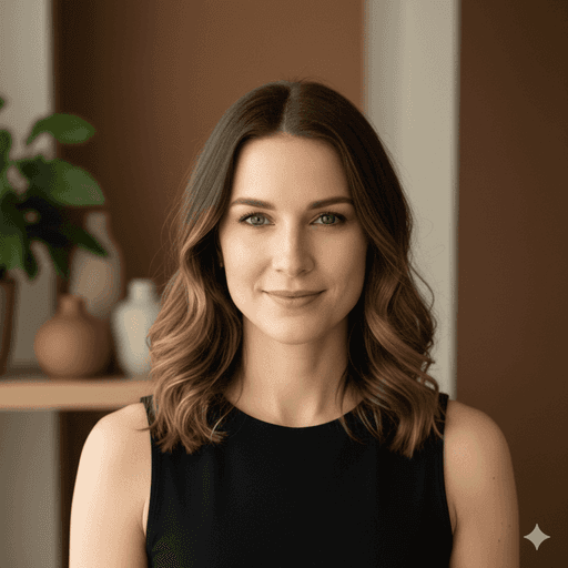 A woman with wavy brown hair and a black outfit smiles softly. She's in a room with earth-toned decor, plants, and pottery, conveying a calm ambiance.